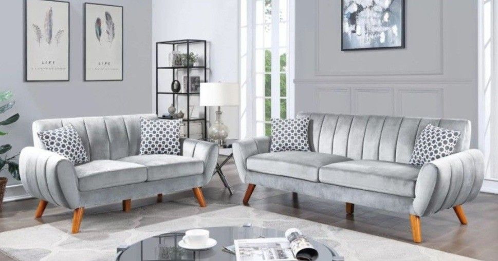 ✅️✅️2 pc light grey velvet fabric mid century modern sofa and love seat set Langley street wooten✅️✅️✅️