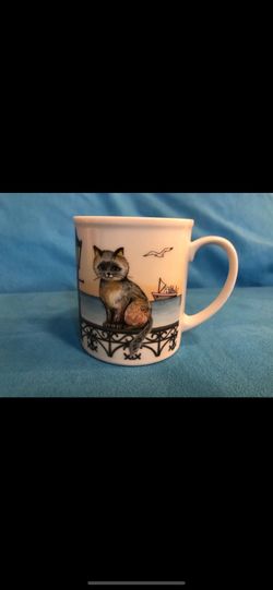 Vintage Ceramic Cat Mug Seaside Harbor Scene Seagull Boat