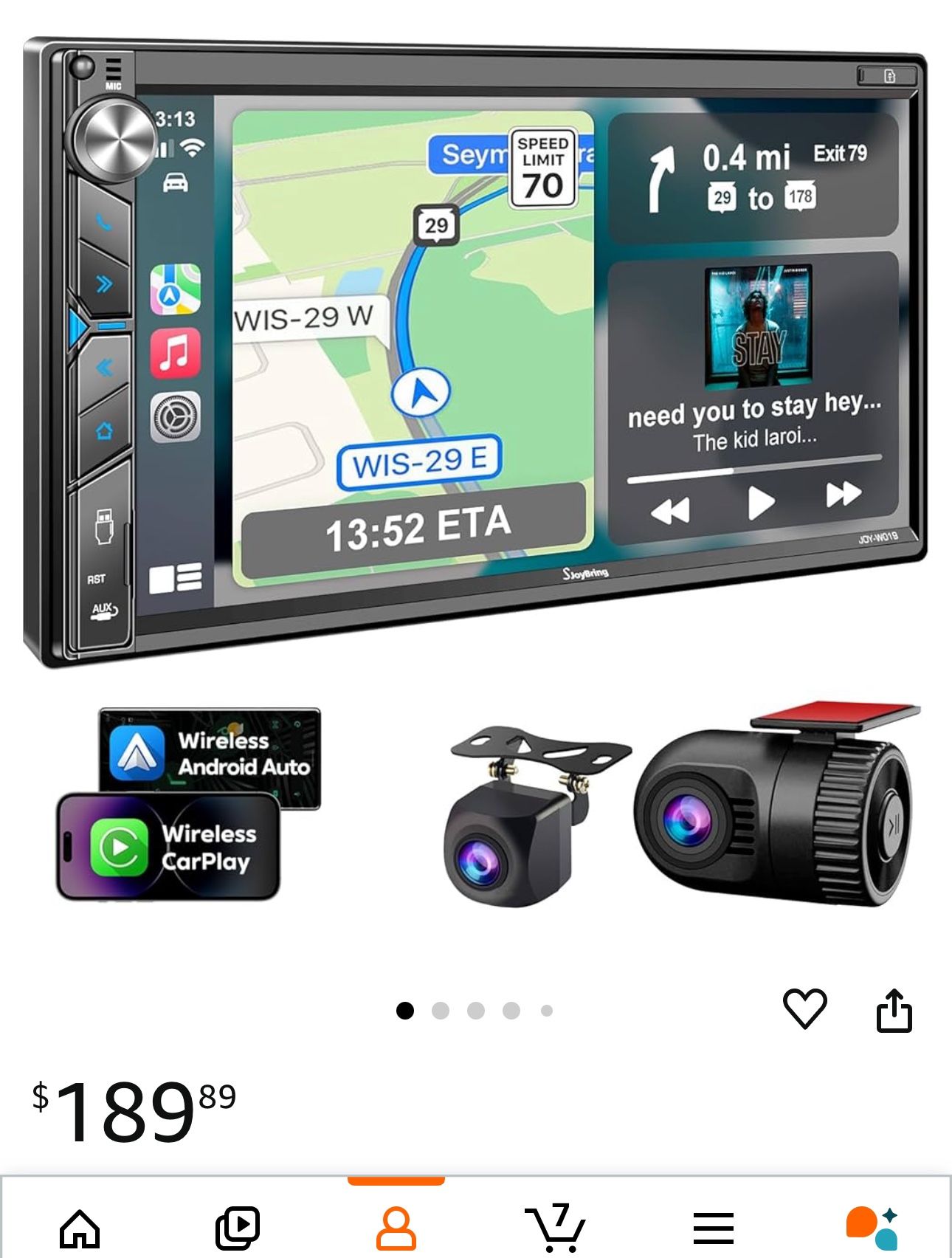 Open Box Double Din Car Stereo with Dash Cam - Voice Control Carplay, Android Auto, Steering Wheel Controls, 7" HD Touchscreen, Backup Camera, Bluetoo
