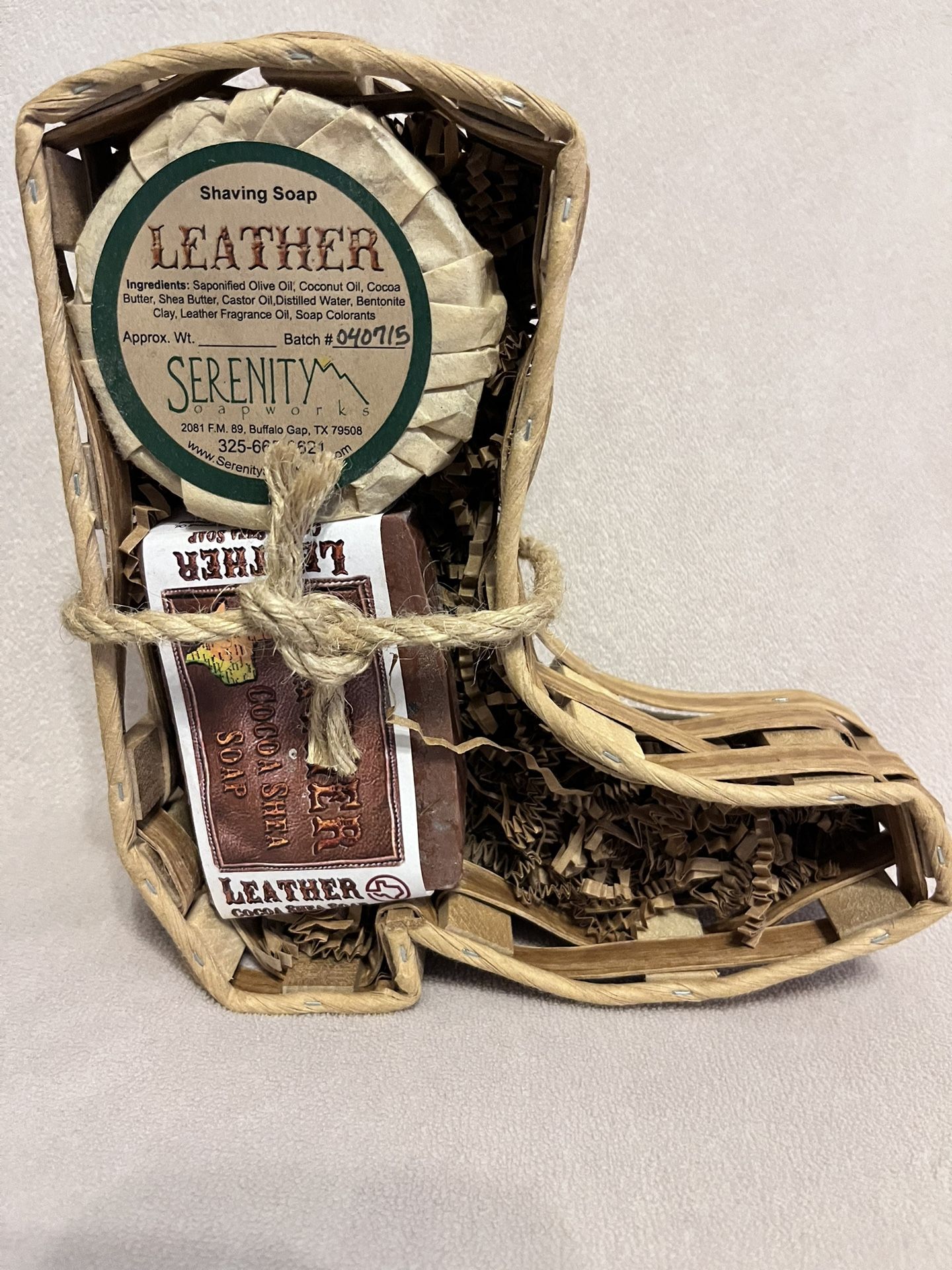 New SERENITY SOAPWORKS “Leather” Shave Soap And Cocoa Shea Soap