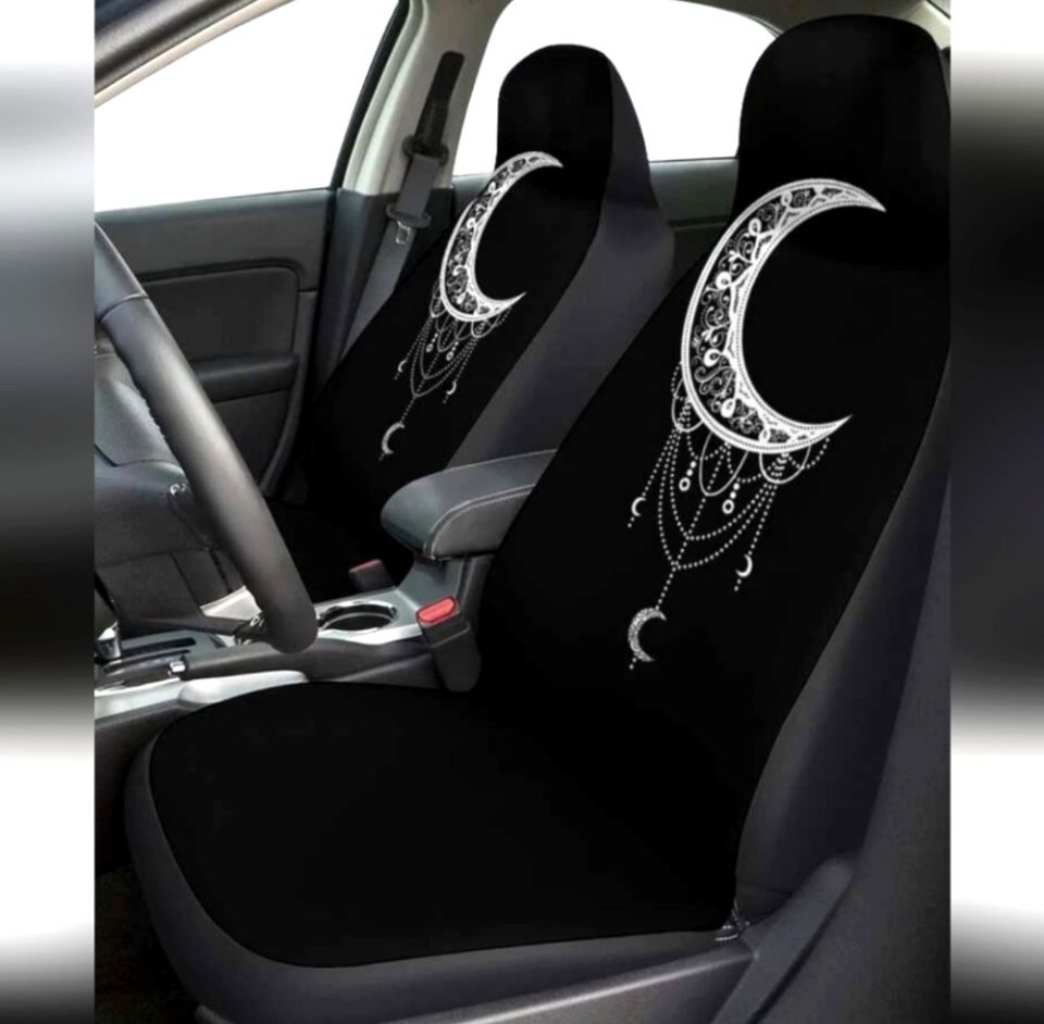 Black and White Moon Print Front Driver Passenger Car Seat Covers Sedan