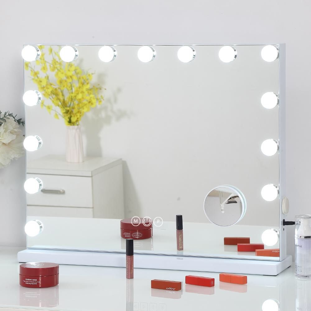 Large Vanity Mirror with Lights and Charging Port, Hollywood Lighted Makeup Mirror with 15 Dimmable LED Bulbs for Dressing Room & Bedroom, Tabletop o