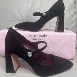 Kate Spade Marcy Black Suede Logo Mary Jane Block Heel Pumps Women’s Size 6