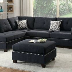 Brand New Black 3pc Reversible Sectional Sofa With Ottoman