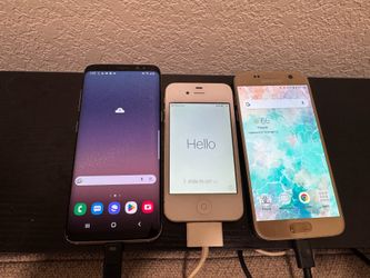 Lot of 3 Classic Smartphones – Galaxy S8 (Black), Galaxy S7 (Gold), & iPhone 4S (White) – All Working!