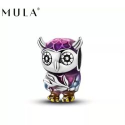 x1 925 Silver Plated Purple Enamel Smart Owl Flower Bead/Charm New