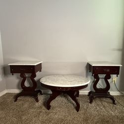 Beautiful Antique 3 piece Marble Top Mahogany Harp End Tables w Coffee Table
