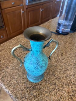 Vintage Turquoise Metal Vase with Handles