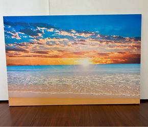 Sunset Canvas Wall Wooden Framed Art Picture Beach Ocean Landscape Medium Size in Great Condition