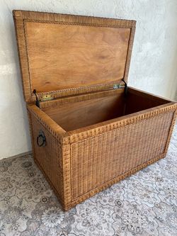 Pier 1 Vintage Wood & Rattan Storage Trunk Chest Coffee Table