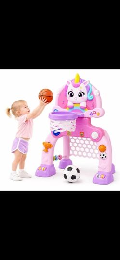 Beefunni 2-in-1 Basketball Hoop Set with Soccer Goal, Music Lights, Adjustable Height and Activity Toys, Unicorn Theme Indoor Outdoor Sports Play Toy