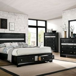 Brand New Black  Queen Size 6pc Storage Bedroom Set 