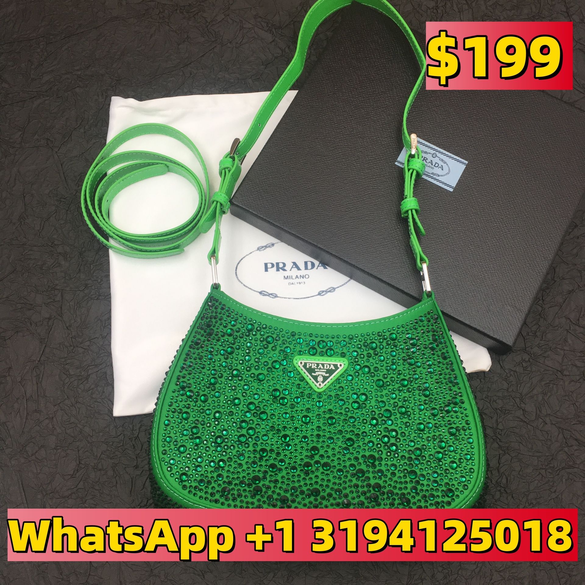 Prada Green Satin Crystal Cleo Shoulder Bag