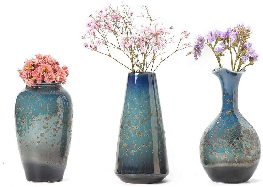 Set of 3- Ceramic Flower Vase Home Decor, Style of Flambed Glazed