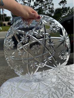 Vintage Cut Glass Starburst Serving Platter 12” Round