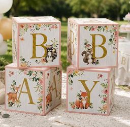 Pink Woodland Baby Boxes with Letters for Baby Shower Decorations Photo Prop