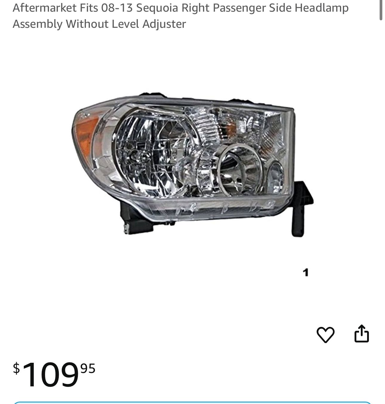 Fits 08-13 Sequoia Right Passenger Side Headlamp Assembly Without Level Adjuster