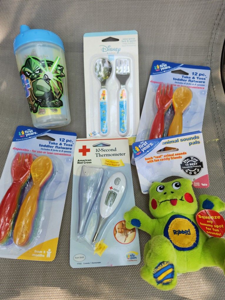 Lots Of Baby Flatware, Cup, Thermometer Frog Rattle