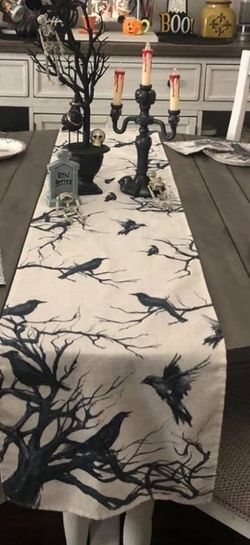 New Halloween Goth Gothic Black Crow Birds In Creepy Black Trees Table Runner 13”x72”