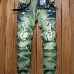 Men's Green Distressed Ripped Jeans. Sizes