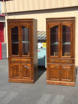 Pair of Oak China Cabinets with Glass Doors