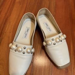 Jimmy Choo Dru Flat Linen with Pearls and Studs 37 1/2
