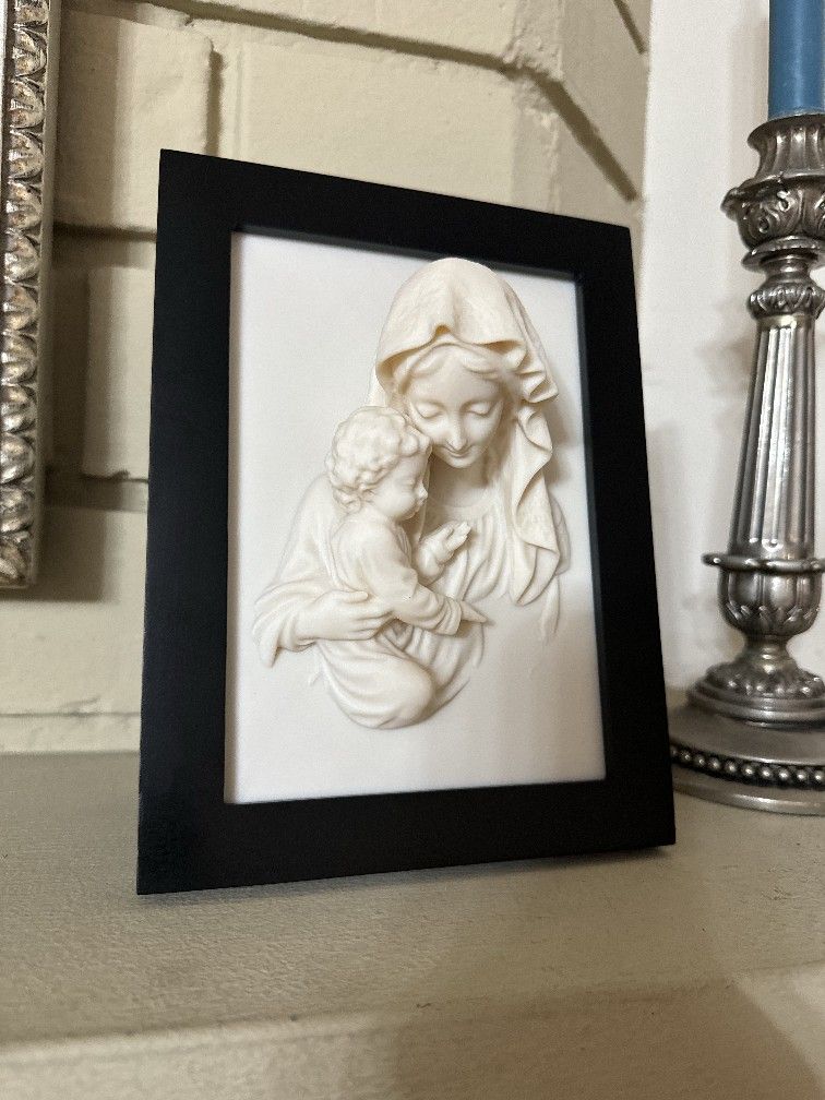 Portrait of Saint Mary holding Christ Framed 3D Ivory-Colored Relief Wall Sculpture