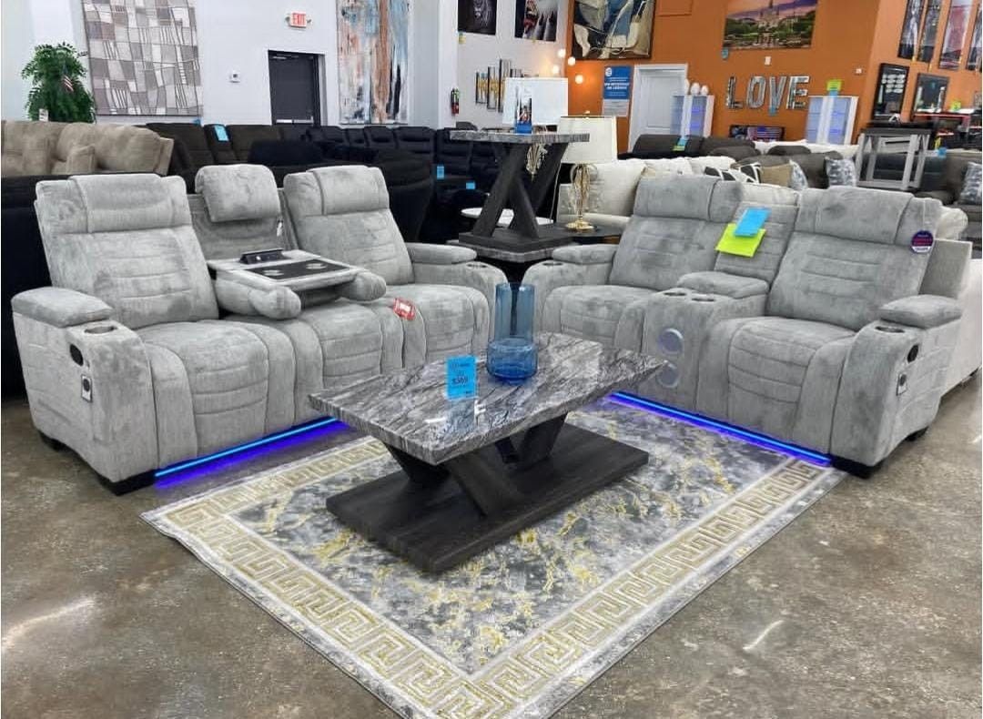 Sofa and Loveseat, Reclining, Grey.