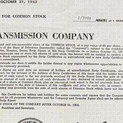 COLLECTABLE - Vintage 1950 Tennessee Gas Transmission Company (TEXACO) Scrip Certificate for One Share of  Common Stock -   *issued by the national Ba