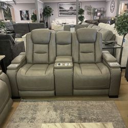 The Man-Den Gray Power Reclining Loveseat w/ Console