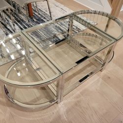 3 Piece Designer Polished Steel And Glass Cocktail Table