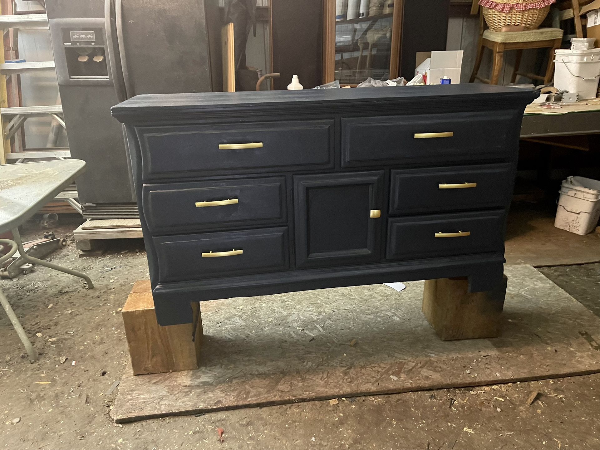 Minor imperfection Bassett dresser that was repainted Winter way. With gold knob handles I