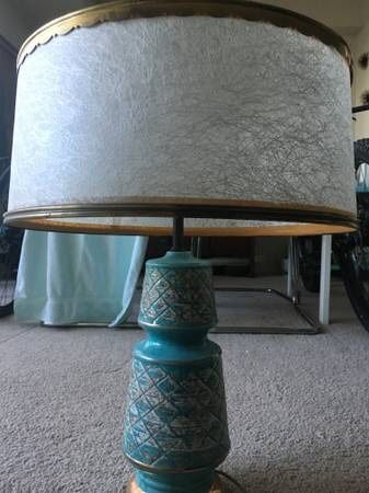 Mid century turquoise lamp with vintage fiberglass shade