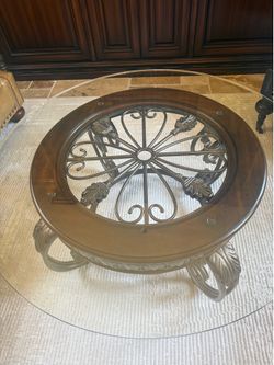 30” Round Glass Coffee Table – Wood & Wrought Iron – Excellent Condition