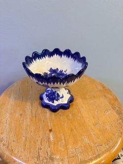 Vintage Hand-Painted Portuguese Blue & White Pedestal Bowl / Compote