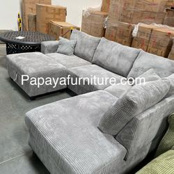 New! Plush Gray Sectional, Sectional And Storage Ottoman, Sectionals, Sofa, Couch, Gray Couch, green Couch, Corduroy Sectional, USB Charger Sofa Dimen