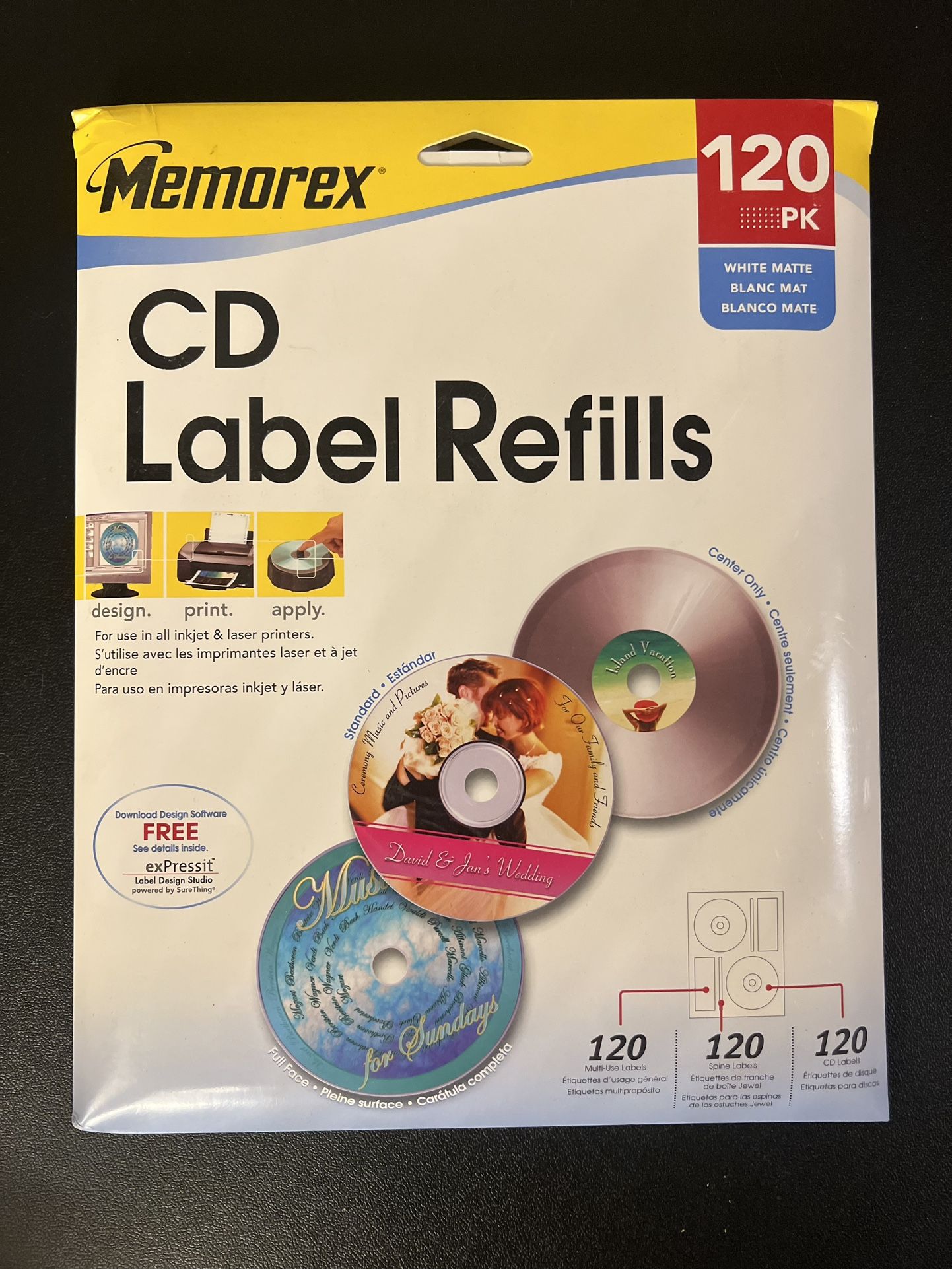 Memorex CD Label Refills 120-Pack White Matte 3-in-1 Function Inkjet Laser NEW