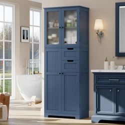 67" Tall Bathroom Cabinet, Linen Cabinet with Doors and Removable Drawers, Kitchen Cupboard, Blue