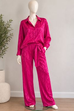 Merry Rai Pink Satin Pajama Set Shirt Pants Shorts