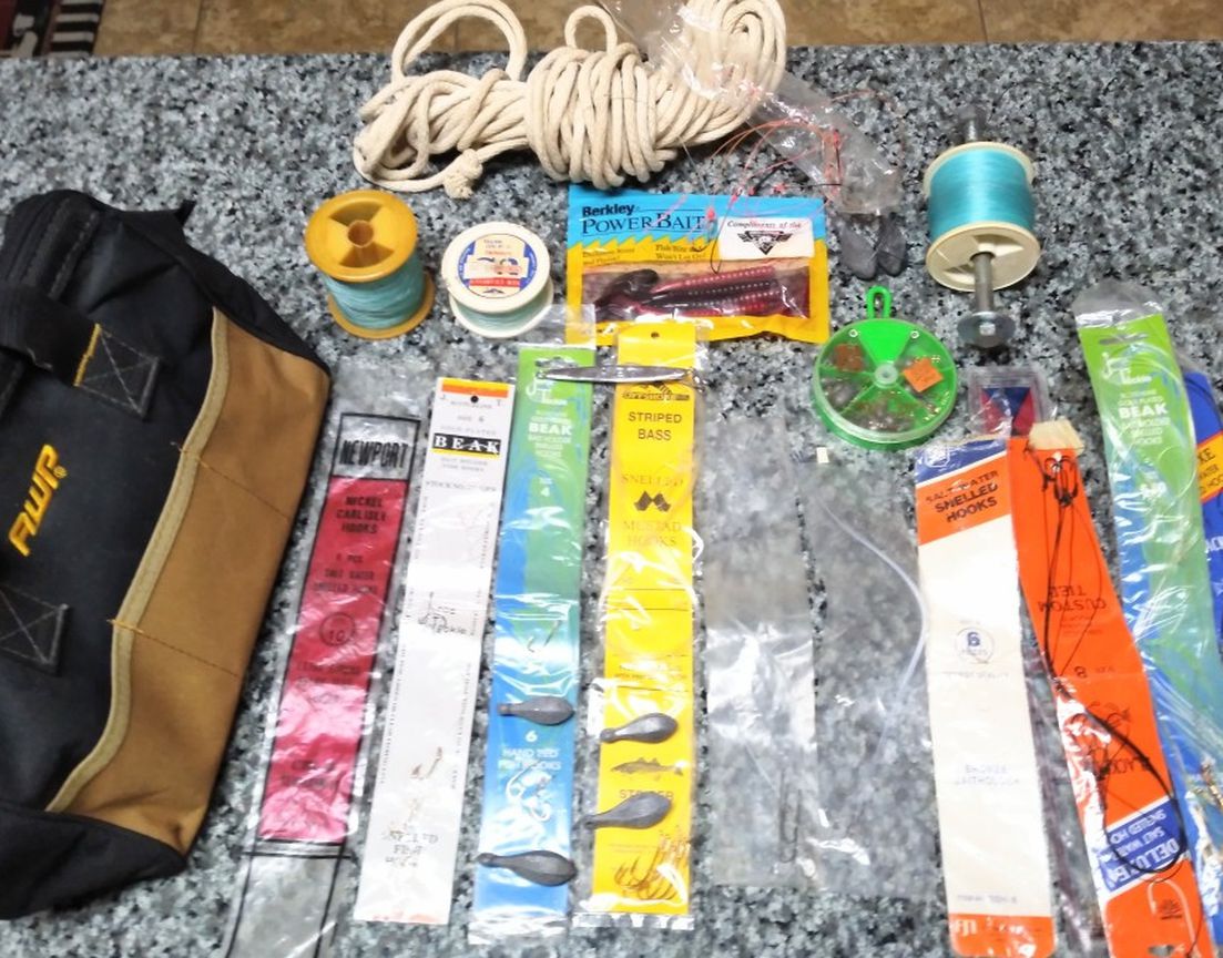 Fishing Assortment Hooks, Weights, Rubber Worms, Bag Included For Storage