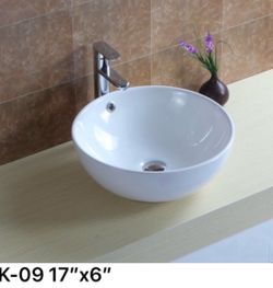 Brand new in box. 17” X 6”.  With overflow. Chrome Pop up and drain hose included) Beautiful Round Bathroom Porcelain Ceramic Vessel Sink Basin Bowl  