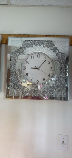 Mirrored Wall Clock with Crystal Border