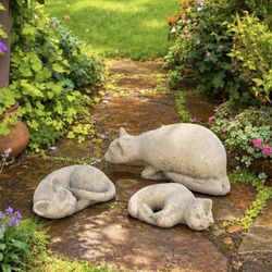 Vintage Cast Stone Garden Sculptures Outdoor Figures (3)Cottagecore Concrete Sleeping Cats Charming Figurine Collectible Estate Find 