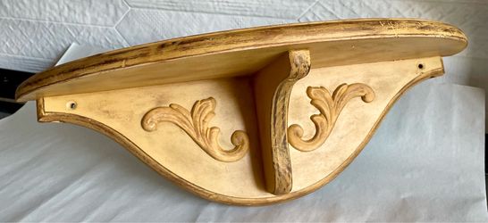 Vintage Upcycled Golden-Yellow Ornate Wooden Wall Shelf w/Scrolling Accent Pieces