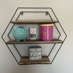 Modern Hexagon Floating Wall Shelf – Wood & Metal