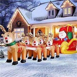 DomKom 12 FT Christmas Inflatable Santa Claus on Sleigh with Five Reindeer