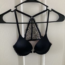 Pink Victoria’s Secret Black Push-Up Underwire Racerback Leopard Print Mesh Bra (32A)