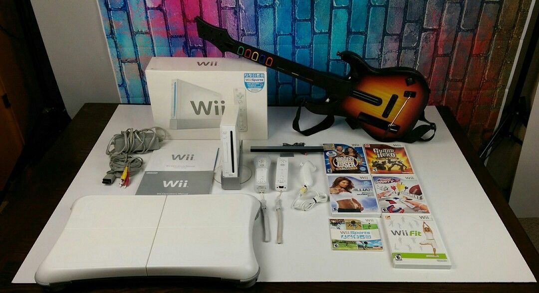 Nintendo Wii Sports Bundle Pack w/ Guitar Hero and Guitar and Balancing Board For Wii Fit