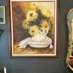 Large Framed Oil On Canvas Painting Vintage 