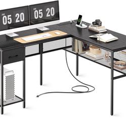  L Shaped Desk with Power Outlets, Computer Desk with Drawers